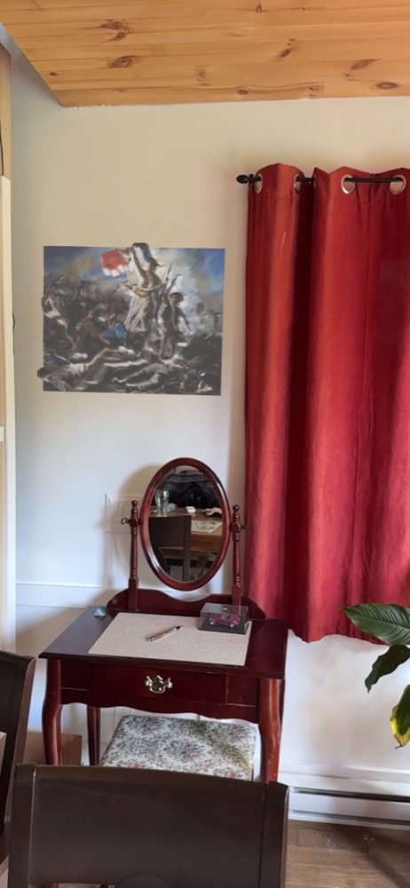 Liberty Leading the People, as a 3D relief, shown in augmented reality on a bedroom wall